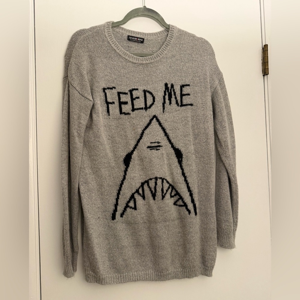 Fashion Nova Gray Shark Graphic Crewneck Sweater